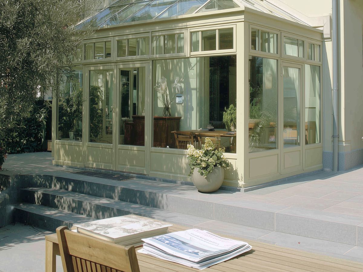 Elegancki ogród zimowy w klasycznym stylu angielskim. Jasna, kremowa konstrukcja aluminiowa z dekoracyjnymi podziałami, przeszklony dach kopertowy i duże okna tarasowe. Widok z ogrodu.