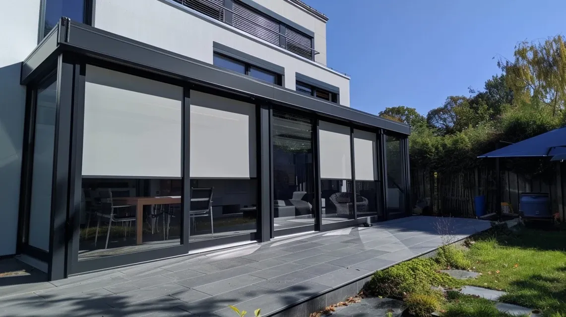 Ogród zimowy z zamkniętymi zewnętrznymi roletami z beżowej tkaniny akrylowej chroniącymi przed słońcem