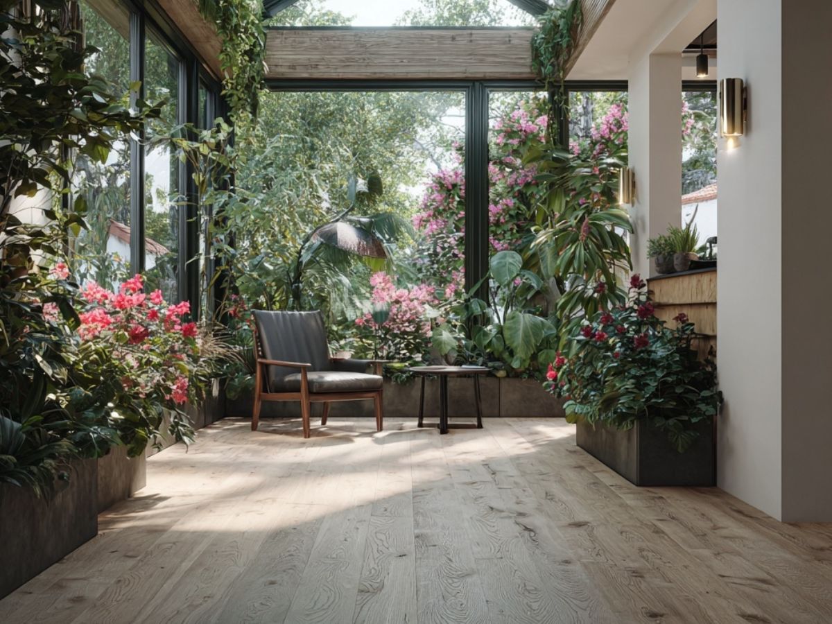 Ogród zimowy jako domowa dżungla – przestrzeń wypełniona roślinami tropikalnymi: bugenwillami, filodendronami i palmami. Duże przeszklenia i aluminiowe elementy konstrukcji tworzą idealny mikroklimat dla egzotycznych gatunków.